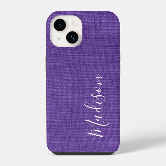 Coque iPhone Photo de texture de lin violet Votre nom en écritu (Verso)