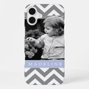 Coque iPhone 16 Plus Photo personnalisé avec des zigzags gris et lavand