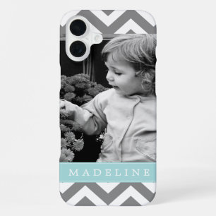 Coque iPhone 16 Plus Photo personnalisé avec zigzags gris et menthe