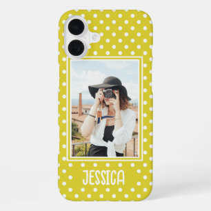 Coque iPhone 16 Plus Photo personnalisée et nom de la Polka jaune vif