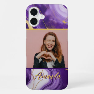 Coque iPhone 16 Plus Photo Sophisticante en marbre violet et or