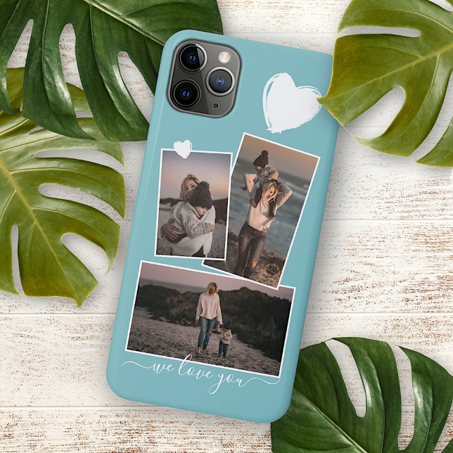 Coque iPhone Photos et cœur sur bleu turquoise clair sarcelle (Créateur téléchargé)