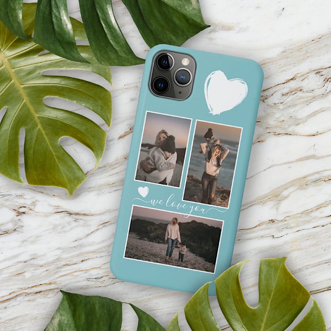 Coque iPhone Photos et cœur sur turquoise clair sarcelle bleu (Créateur téléchargé)