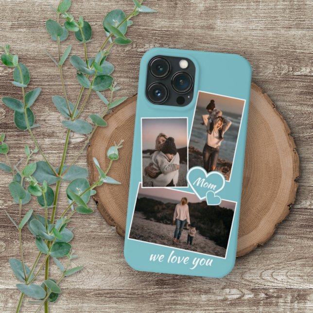 Coque iPhone Photos Et Coeur Sur Turquoise Turquoise Bleu Léger (Créateur téléchargé)