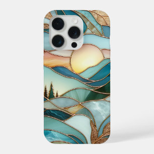 Coque iPhone 15 Pro Pics de montagnes dorées Forêt Art de verre teinté