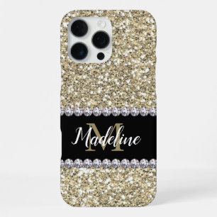 Coque iPhone 16 Pro Max Pierres précieuses scintillantes dorées avec nom e