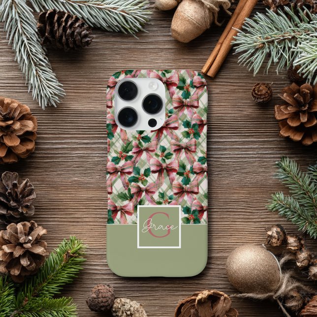 Coque iPhone Pink Bow and Holly Watercolor Christmas  Pattern (Créateur téléchargé)