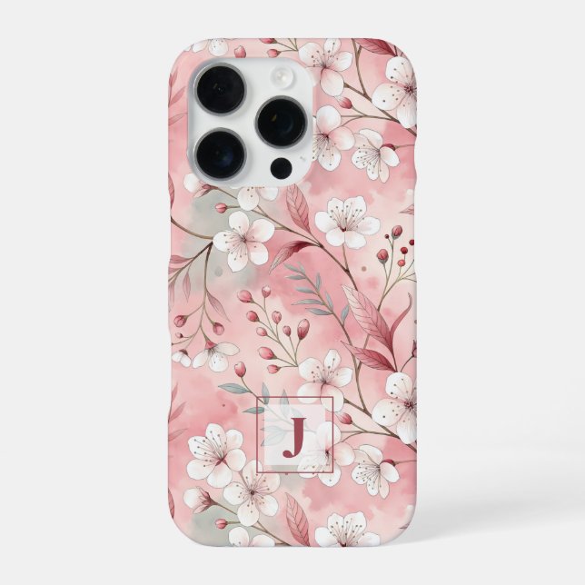 Coque iPhone Pink cherry blossom monogram (Verso)