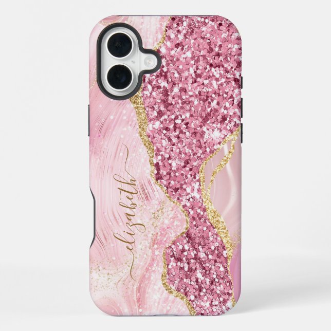 Coque iPhone Pink Gold Agate Marbre Nom Script (Verso)