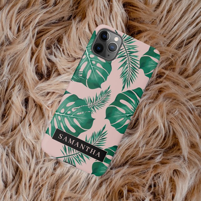 Coque iPhone Pink & Green Palm Feuille Motif & nom (Créateur téléchargé)