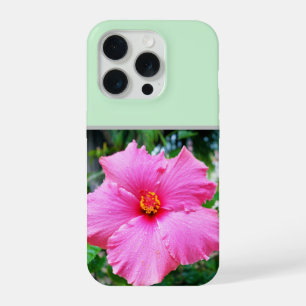 Coque iPhone 15 Pro Pink Hibiscus gouttes de pluie,