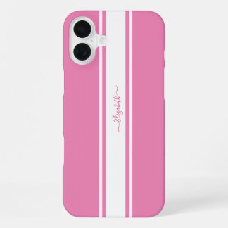 Coque iPhone 16 Plus Pink White Racing Stripes Monogrammed Girly Chic