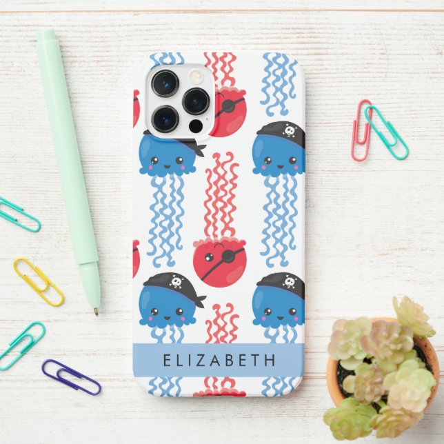 Coque iPhone Pirate Jellyfish, Motif de méduses, Votre nom (Sur le bureau)