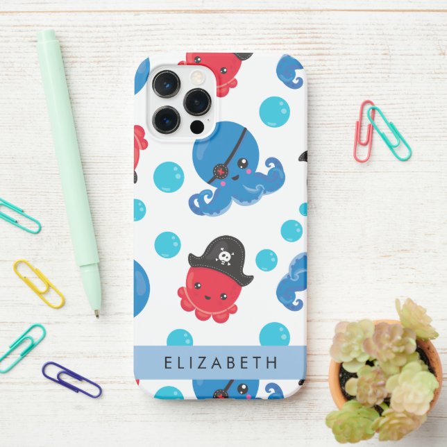 Coque iPhone Pirate Octopus, Motif Octopus, Mer, Votre Nom (Sur le bureau)