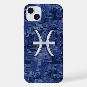Coque iPhone 15 Plus Pisces Zodiac Sign on Navy Blue Digital Camo