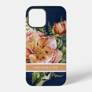 Coque iPhone 12 Pivoine Florale Élégante Rose Bourgogne Bleu Marin