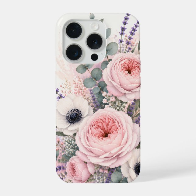 Coque iPhone Pivoine rose blush doux et Anémone blanche à l'aqu (Verso)