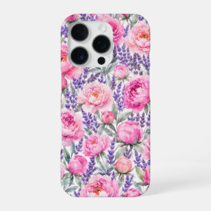 Coque iPhone 16 Pro Pivoines roses & Lavande Motif floral aquarelle