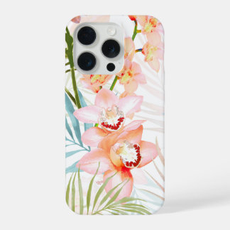 Coque iPhone 15 Pro PixDezines Orchid Isle, Peachy Orchids Blue Palms