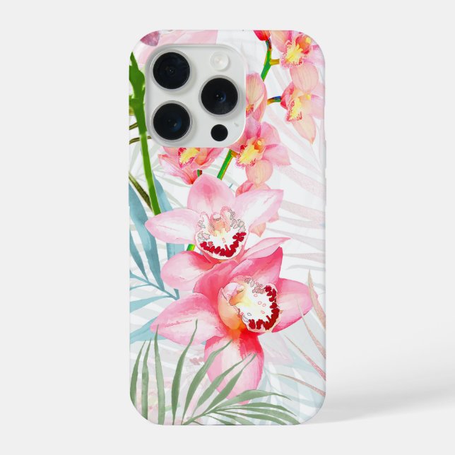 Coque iPhone PixDezines Orchid Isle, Pink Orchids Blue Palms (Verso)