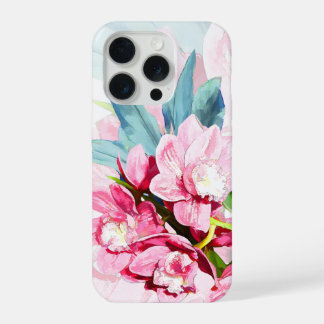 Coque iPhone 15 Pro PixDezines Orchid Isle, Pink Orchids Blue Ti