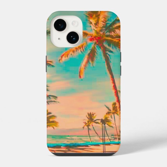 Coque iPhone PixDezines Vintage Hawaiian Beach Scene/teal (Verso)