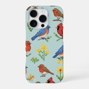 Coque iPhone 16 Pro Pixel Oiseaux et fleurs