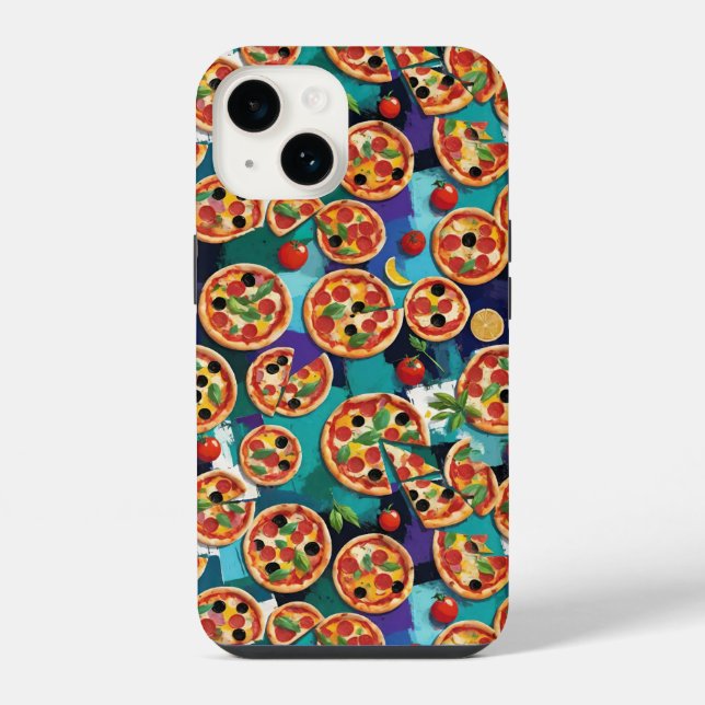Coque iPhone Pizza pepperoni abstrait sur fond de couleur bleue (Verso)