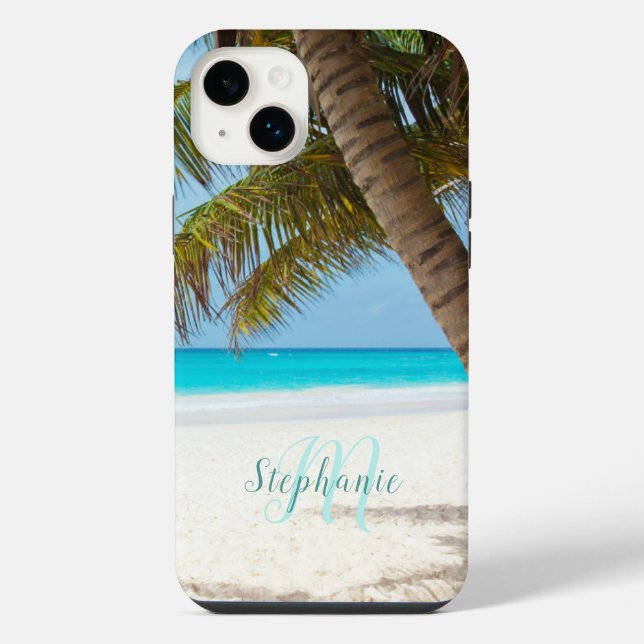 Coque iPhone Plage de Sable Tropical Turquoise Monogramme Palmi (Verso)