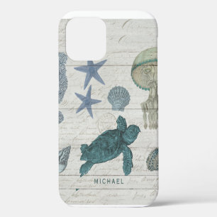 Coque iPhone 12 Plage de Tortue de Mer Rivage Rustique Bois Flotté