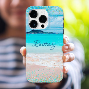 Coque iPhone 16 Pro Plage Hawaïenne Tropical Fille Bleu Confettis Pers