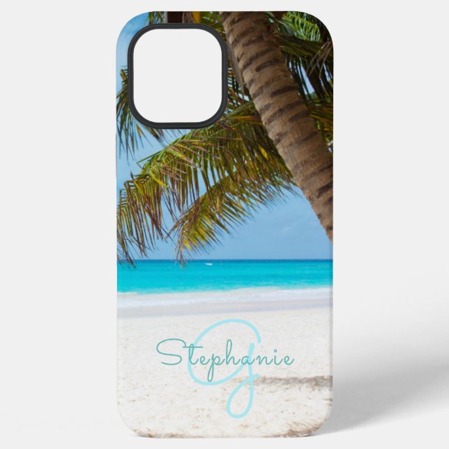 Coque iPhone Plage Tropicale Turquoise Monogramme Palmier (Verso)