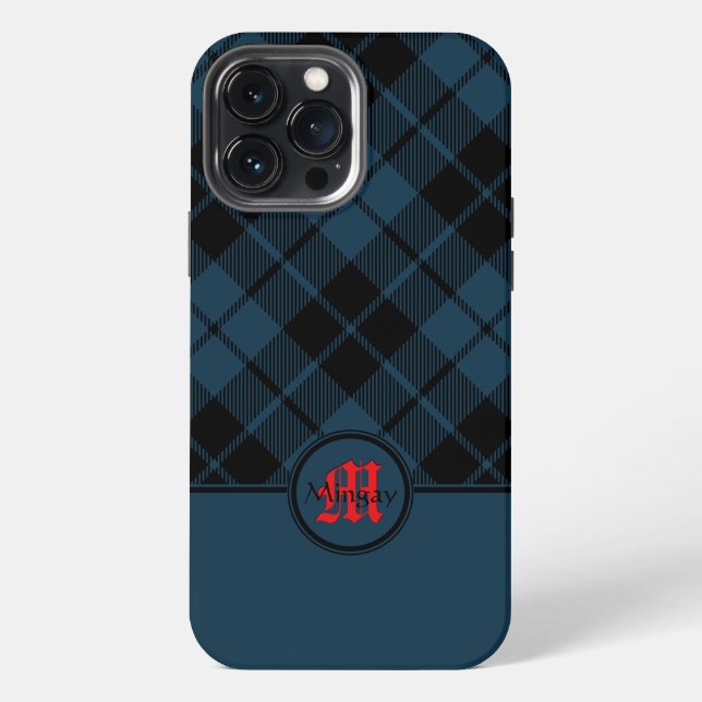 Coque iPhone Plaid Écossais Bleu Monogramme Rouge (Verso)