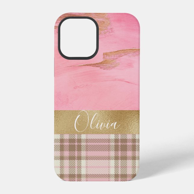 Coque iPhone Plaid Rose Abstrait Aquarelle Nom (Verso)