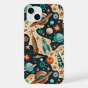 Coque iPhone 15 Plus Planète de fusée spatiale rétro Orange sarcelle Nu
