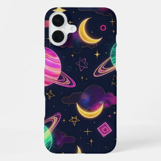 Coque iPhone 16 Plus Planètes de galaxie spatiale bleu néon et violet