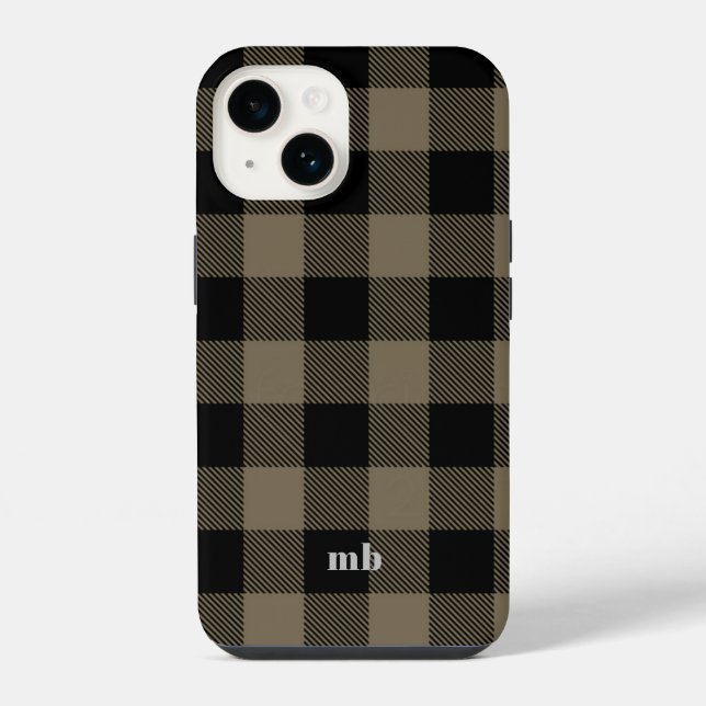 Coque iPhone Plaqué Buffalo Brun Noir Masculin Nom Initiales (Verso)