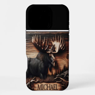 Coque iPhone 16 Pro Max Plaque de orignal en bois sculpté