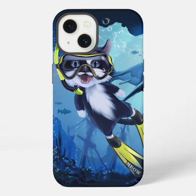 Coque iPhone Plongeur de chat et requin qui sourit (Verso)