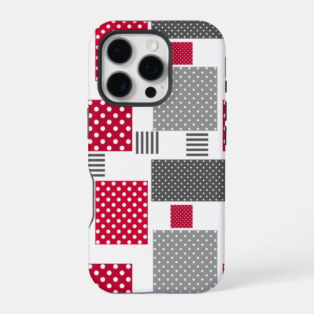 Coque iPhone Pneuka rouge gris patchwork sur arrière - plan bla (Verso)