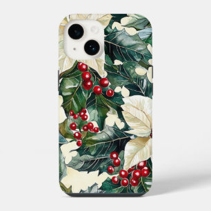 Coque Pour iPhone 14 Poinsettia ivoire Baies cramoisies Feuillage d'hiv