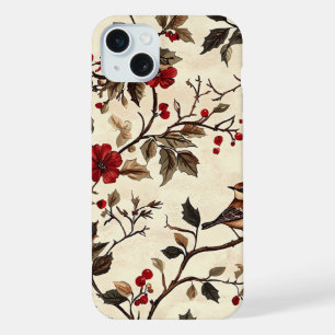 Coque iPhone 15 Plus Poinsettia Vintage Oiseau Noël Crème Rouge