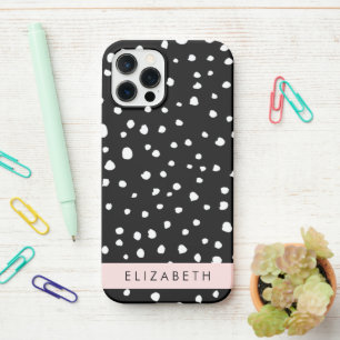 Coque iPhone 12 Pro Points dalmatiens, Spots, Noir et Blanc, Votre nom