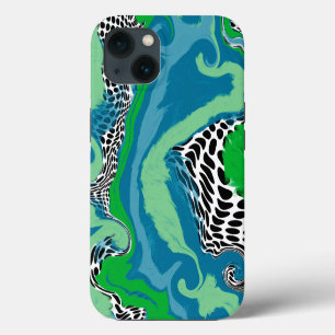Etui iPhone 13 Points verts et bleus, noirs et blancs Sage Abstra