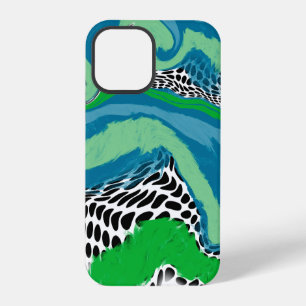 Coque iPhone 12 Pro Points verts et bleus, noirs et blancs Sage Abstra