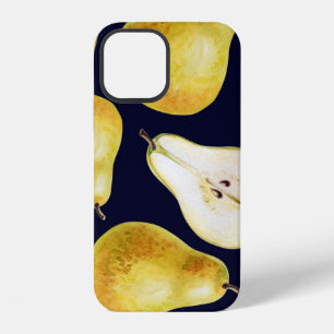 Coque iPhone 12 Poire mûre entière jaune-vert sur un fond noir