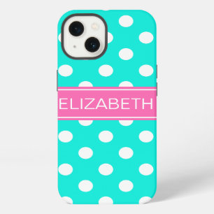 Etui iPhone 13 Pois blancs d'Aqua brillants #2 Monogramme rose ch
