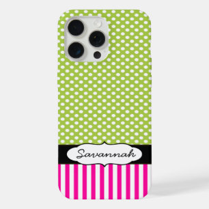 Coque iPhone 15 Pro Max Pois lime personnalisé Peapod et rayure rose