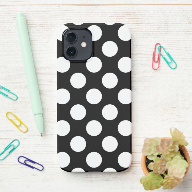Coque iPhone Pois noirs et blancs, Motif Polka (Sur le bureau)