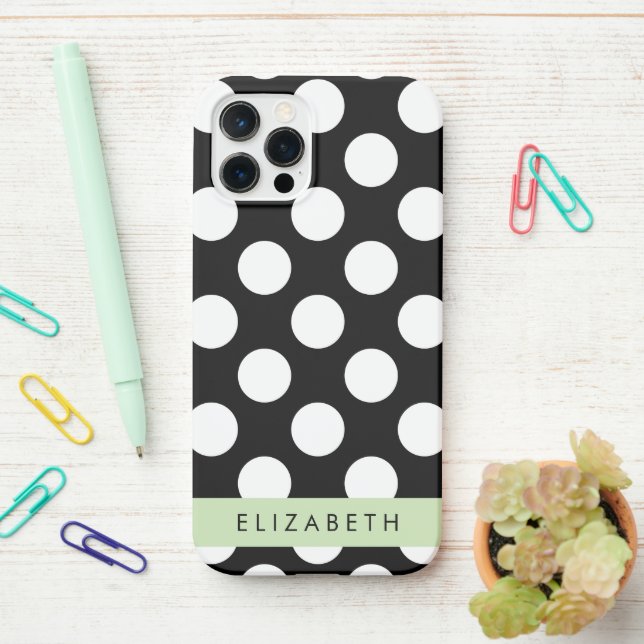 Coque iPhone Pois noirs et blancs, pointillés, Votre nom (Sur le bureau)